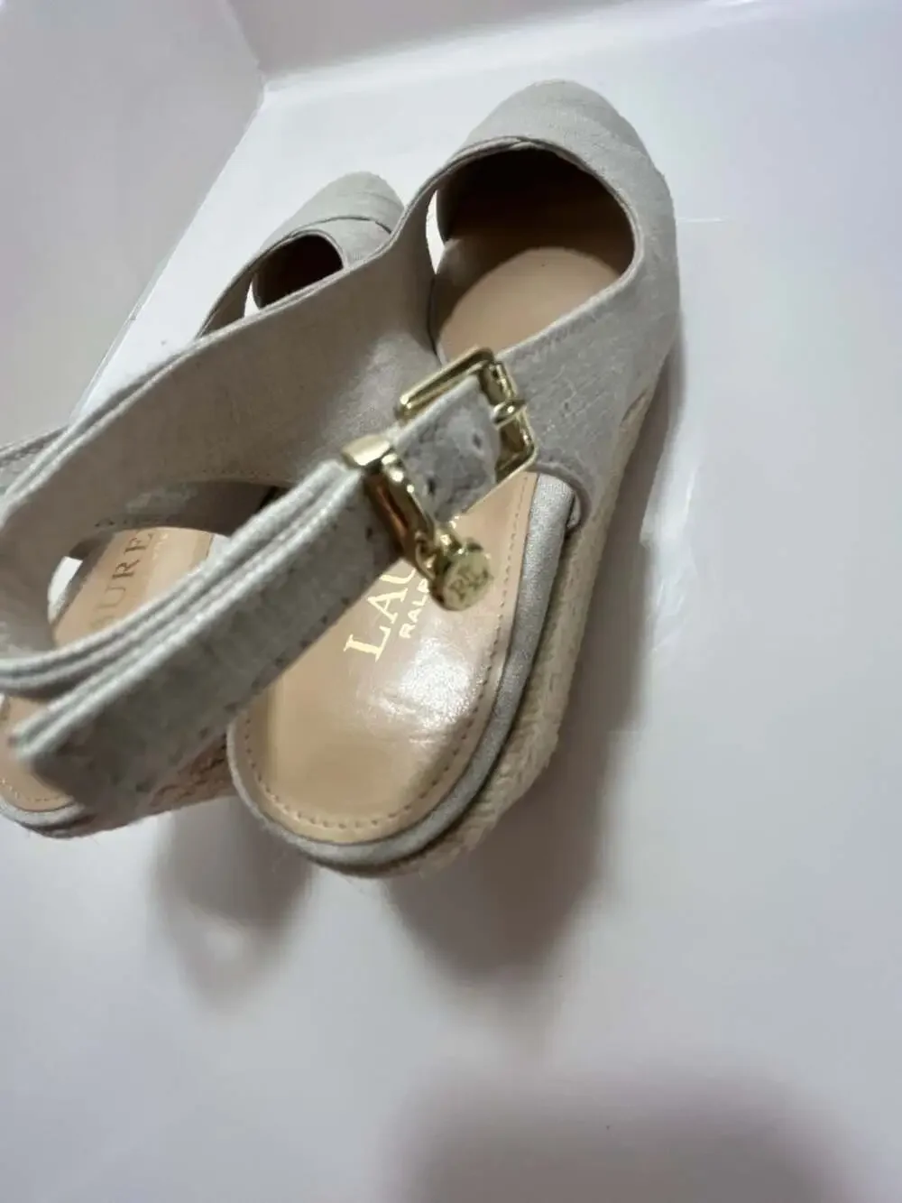 Lauren Ralph Lauren Beige Linen Slingback Wedge Espadrille Sandals